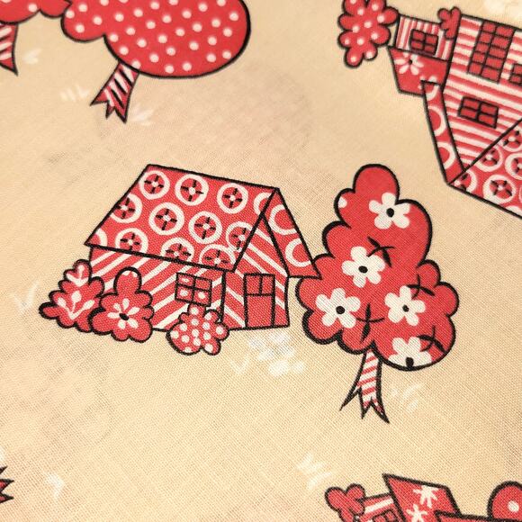 Vintage 44" x 63" Red Tan House Trees Floral Fabric Country Retro Originelle - Picture 6 of 11